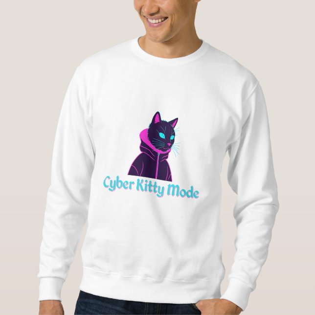 Cyber Cat Vibes - Neon Glitch Aesthetic Design Lång Ärmad Tröja (Framsida)