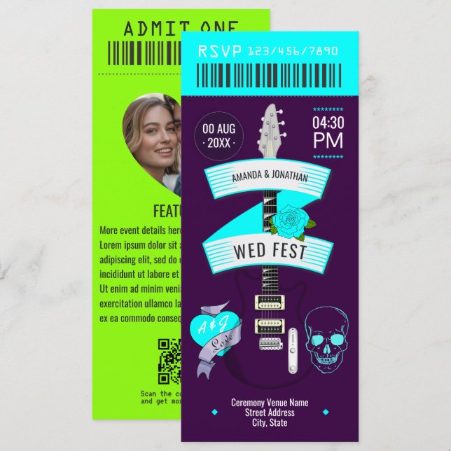Cyber Cool Rock ’n’ Roll Wedding Ticket Inbjudningar (Fram/baksida)