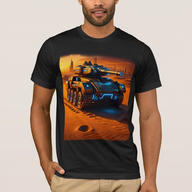 Cyber Desert Tank Tee – Futuristic Armor in Sunset (Framsida)