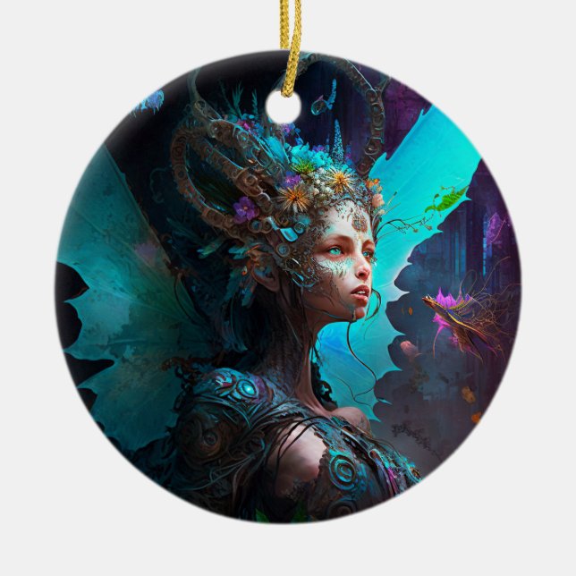 Cyber Fairy Fantasy Art Julgransprydnad Keramik (Framsidan)