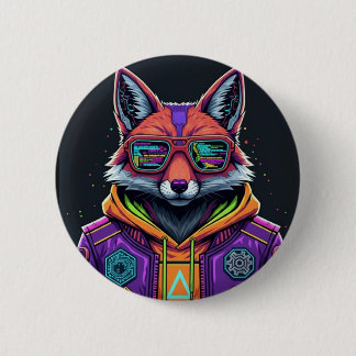 Cyber Fox Button Pin – Neon Streetwear Animal Art Knapp