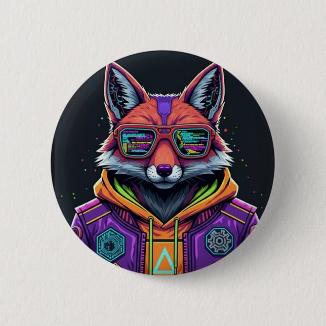 Cyber Fox Button Pin – Neon Streetwear Animal Art Knapp (Framsida)