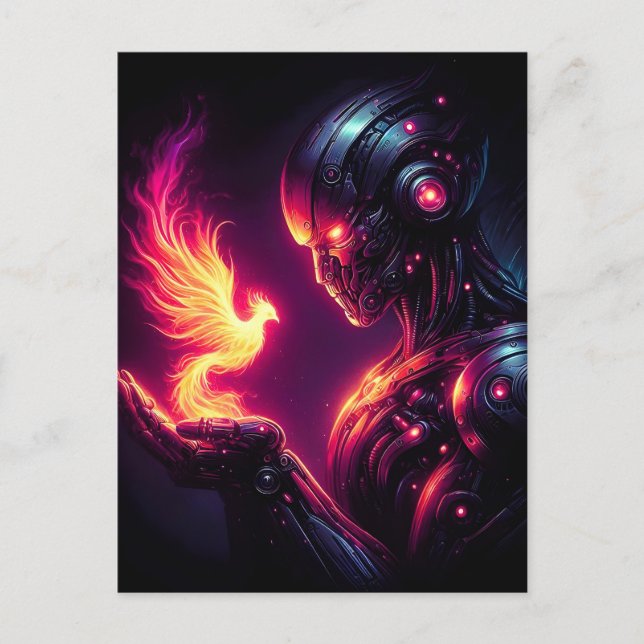 Cyber Futuristisk Robot Fenix Eldande Ande Meddelande Vykort (Framsida)
