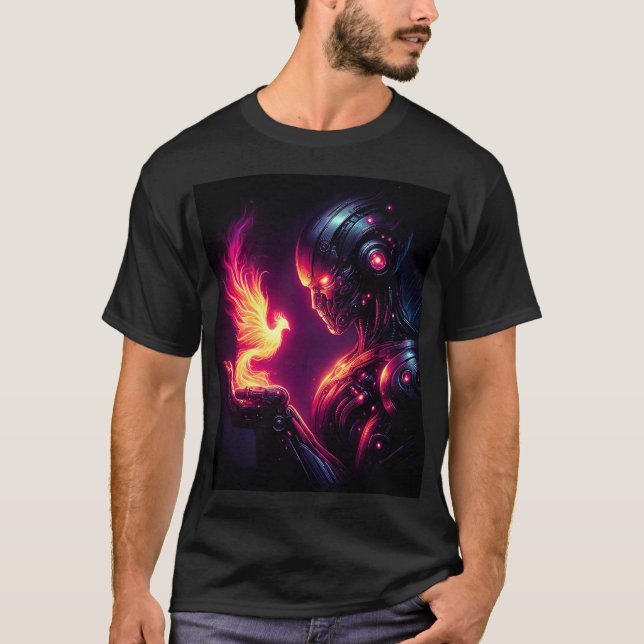 Cyber Futuristisk Robot Fenix Eldande Ande T Shirt (Framsida)