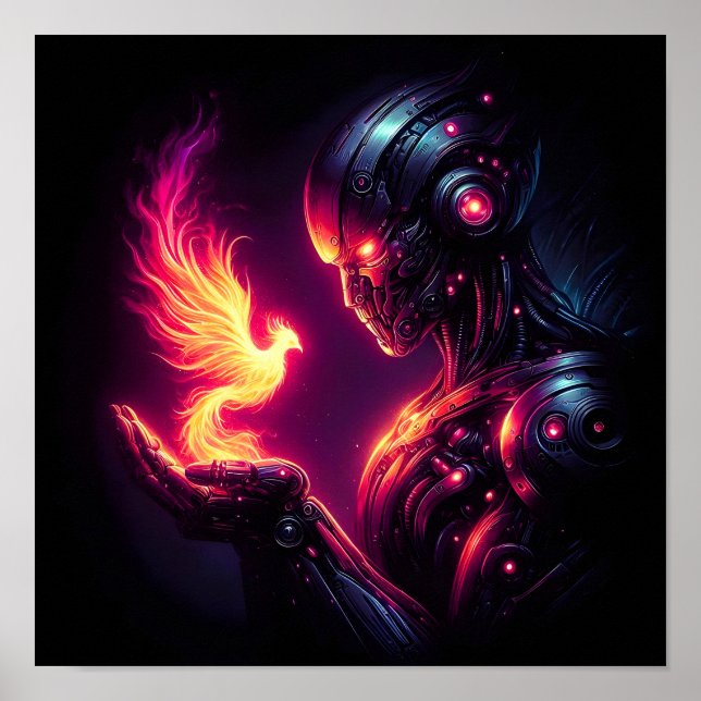 Cyber Futuristisk Robot Fenix Eldande Andlighet Poster (Framsidan)