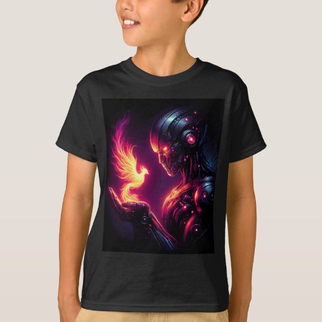 Cyber Futuristisk Robot Fenix Eldande T Shirt (Framsida)