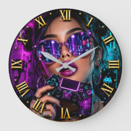 Cyber Gamer Queen Neon Gaming Woman Portrait Stor Klocka