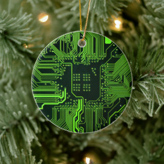 Cyber Green PCB Kretskort Spår Mönster Konst Julgransprydnad Keramik