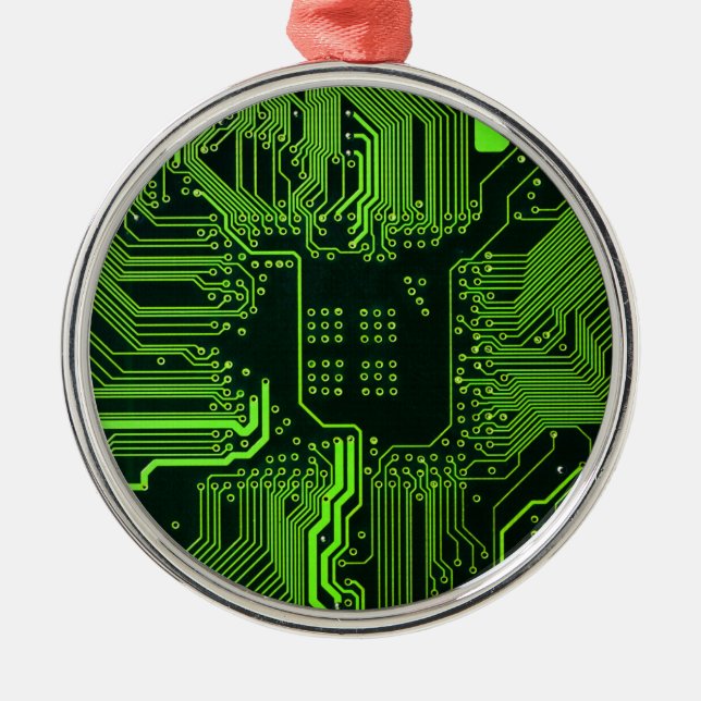 Cyber Green PCB Kretskort Spår Mönster Konst Julgransprydnad Metall (Framsidan)