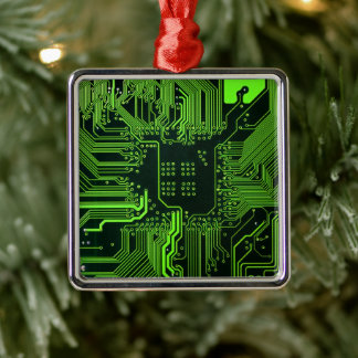 Cyber Green PCB Kretskort Spår Mönster Konst Julgransprydnad Metall