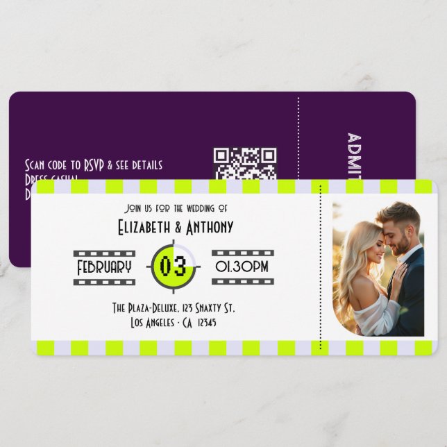 Cyber Lime/Digital Lavender/Purple Cinema Ticket Inbjudningar (Fram/baksida)