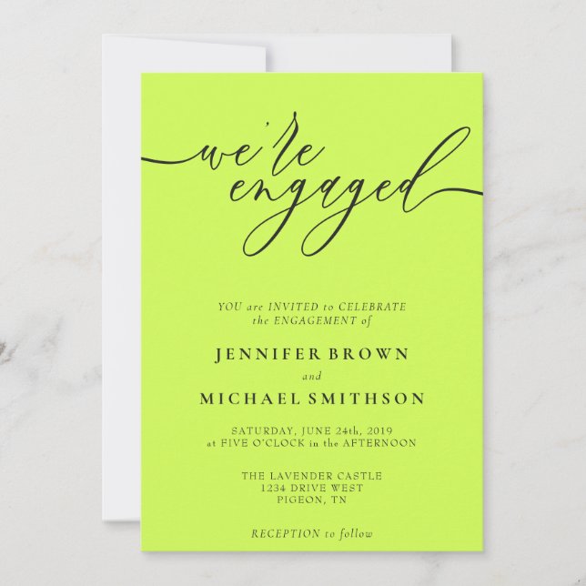 Cyber Lime & Jet Black Minimal We are Engaged Inbjudningar (Framsida)