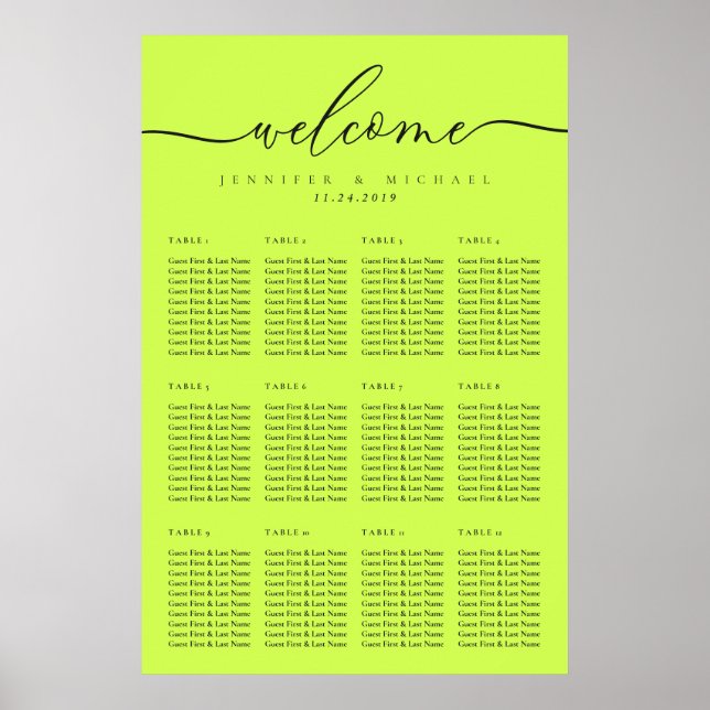Cyber Lime Jet Black Welcome Wedding Table Seating Poster (Framsidan)