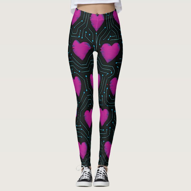 Cyber Love Circuit – Tech Heart Pattern Design Leggings (Framsida)