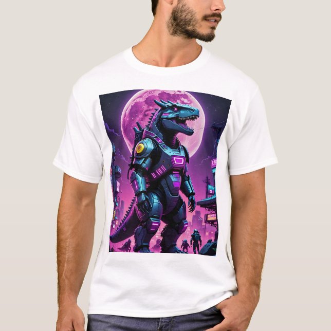 Cyber Mecha Dinosaur Futuristiska Sci-Fi Battle Te T Shirt (Framsida)