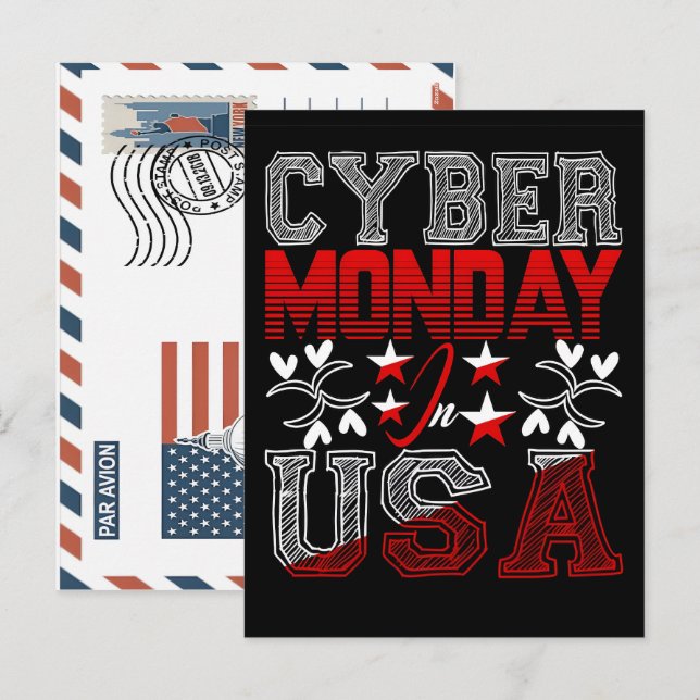 Cyber monday in usa sales event hand-drawn design helg vykort (Fram/baksida)