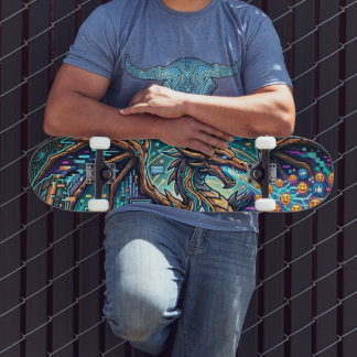 Cyber-Neon Blue Dragon Glitch Art Mural Design Mini Skateboard Bräda 18,5 Cm