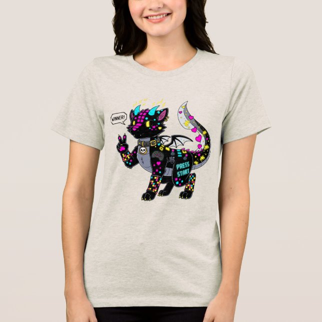 Cyber Neon Gamer Cat Hårig Kvinnor i T-Shirt (Framsida)