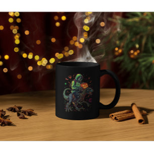 Cyber Neon Skeleton Riding Robo Dino - Halloween Kaffemugg