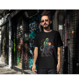 Cyber Neon Skeleton Riding Robo Dino - Halloween T Shirt