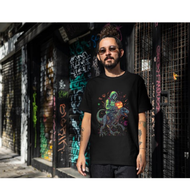 Cyber Neon Skeleton Riding Robo Dino - Halloween T Shirt (Skapare uppladdad)