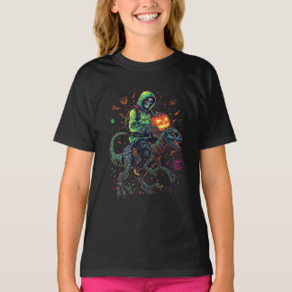 Cyber Neon Skeleton Riding Robo Dino - Halloween T Shirt