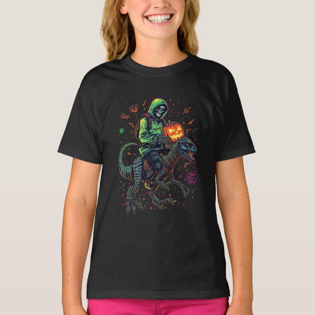 Cyber Neon Skeleton Riding Robo Dino - Halloween T Shirt (Framsida)