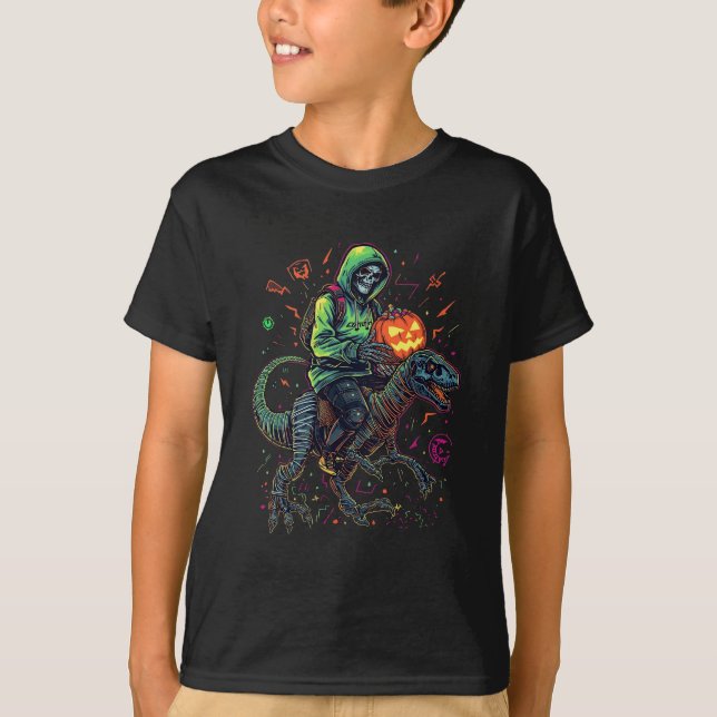 Cyber Neon Skeleton Riding Robo Dino - Halloween T Shirt (Framsida)