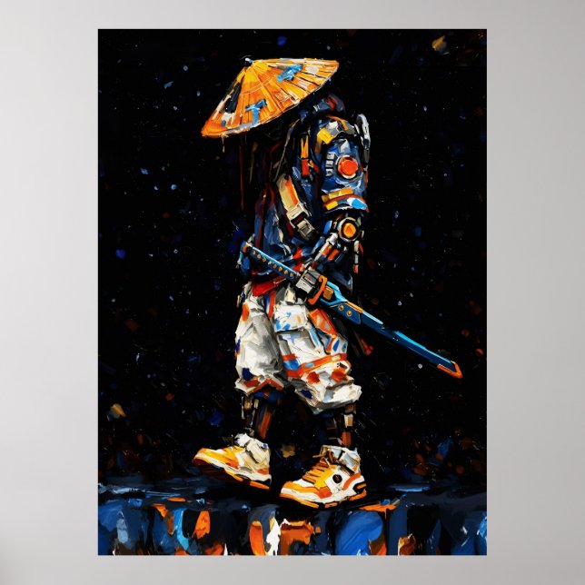 Cyber Ninja Palette Knife Neon Orange Impasto Poster (Framsidan)
