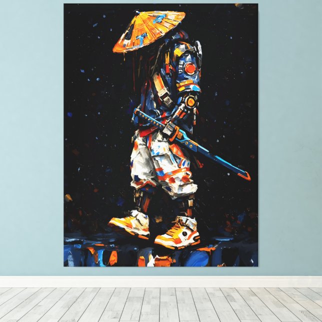 Cyber Ninja Palettkniv Neon Orange Impasto Canvastryck (Insitu (trägolv))