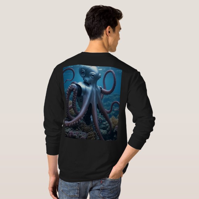 Cyber Octopus manar svart långärmad T-shirt back (Hel baksida)