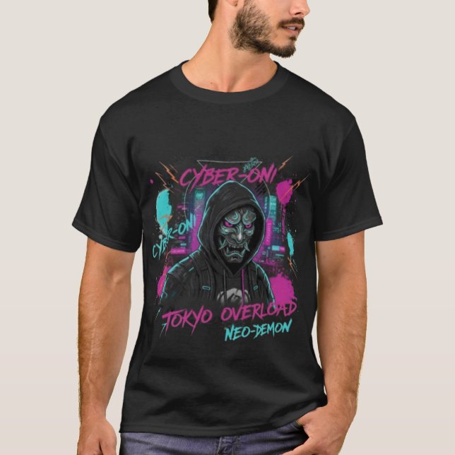 Cyber-Oni & Robotic Cat Head | Neo-Tokyo Vaporwave T Shirt (Framsida)