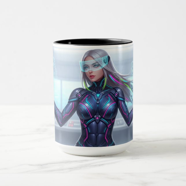 Cyber Oracle Mug – Futuristic Tech Anime Girl Mugg (Center)