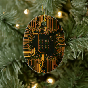 Cyber Orange PCB Kretskort Spår Mönster Konst Julgransprydnad Keramik