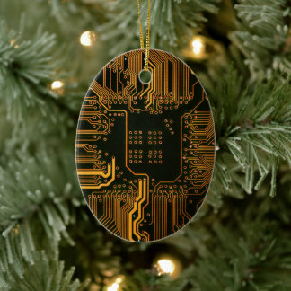 Cyber Orange PCB Kretskort Spår Mönster Konst Julgransprydnad Keramik