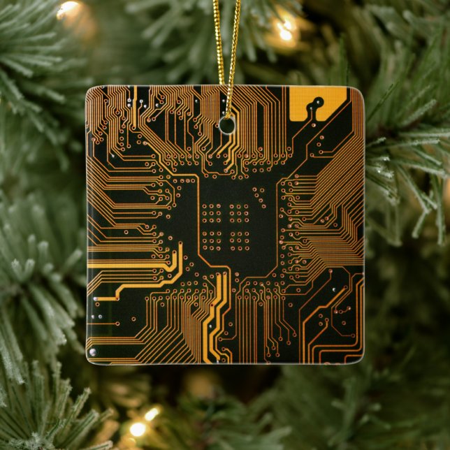 Cyber Orange PCB Kretskort Spår Mönster Konst Julgransprydnad Keramik (Träd)