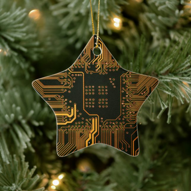Cyber Orange PCB Kretskort Spår Mönster Konst Julgransprydnad Keramik (Träd)