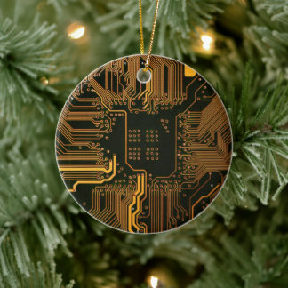 Cyber Orange PCB Kretskort Spår Mönster Konst Julgransprydnad Keramik