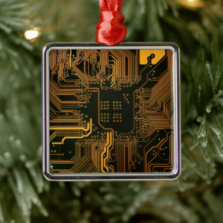 Cyber Orange PCB Kretskort Spår Mönster Konst Julgransprydnad Metall