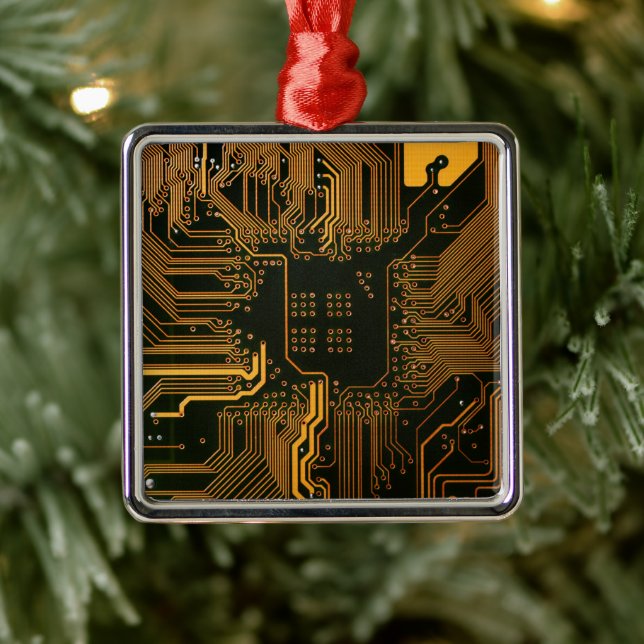 Cyber Orange PCB Kretskort Spår Mönster Konst Julgransprydnad Metall (Träd)