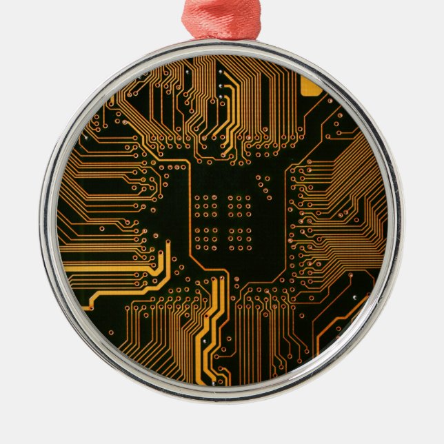 Cyber Orange PCB Kretskort Spår Mönster Konst Julgransprydnad Metall (Framsidan)