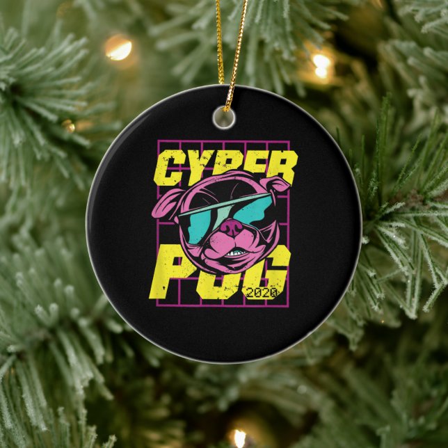 Cyber Pug | Coola Pug Hund Julgransprydnad Keramik (Träd)
