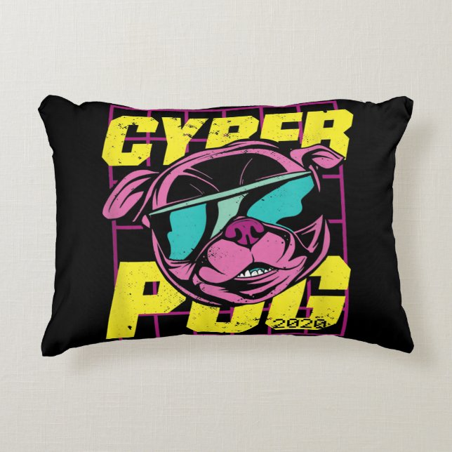 Cyber Pug | Coola Pug Hund Prydnadskudde (Framsidan)