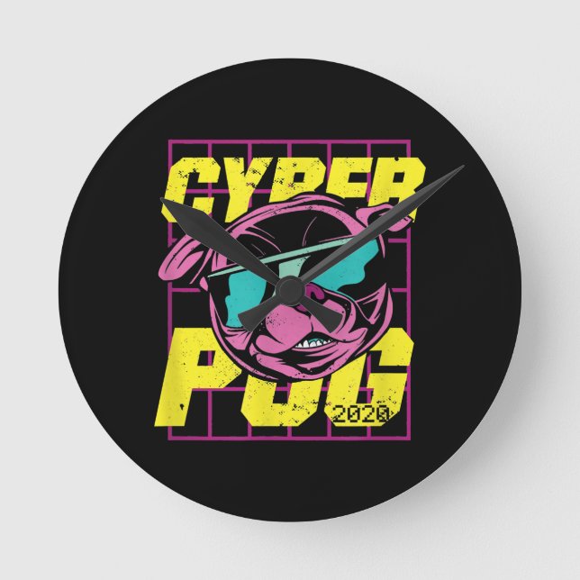 Cyber Pug | Coola Pug Hund Rund Klocka (Framsida)