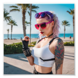 Cyber Punk 80s Babe från stranden Fototryck