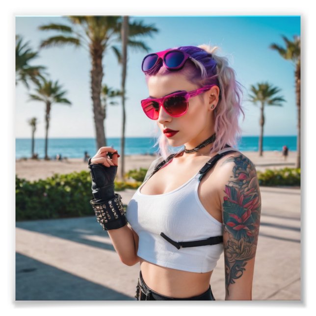 Cyber Punk 80s Babe från stranden Fototryck (Framsidan)