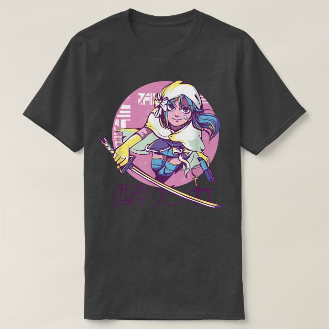 Cyber Punk Anime Warrior Girl Retro Kanji japjapan T Shirt (Design framsida)