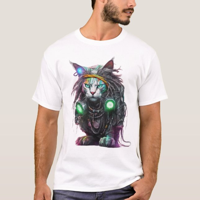 Cyber Rasta Cat Illustration T Shirt (Framsida)