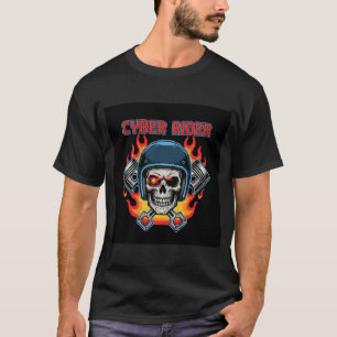 Cyber Rider Pixel Art Skalle Flammor & Kolvar  T Shirt