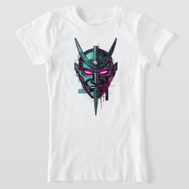 Cyber-Samurai Oni Mask – Futuristisk Synthwave Gra T Shirt (Laydown)